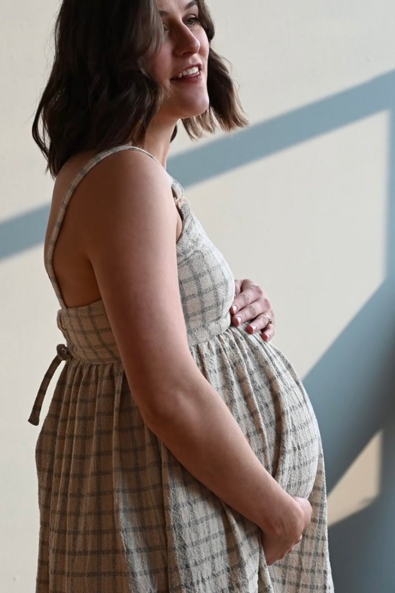 Nursing bra dress with detachable hem White and blue check